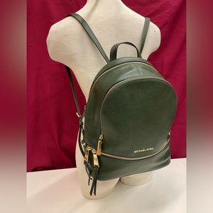 *Emerald Green Michael Kors Backpack handbag Gold logo Olive Pebbled leather zip